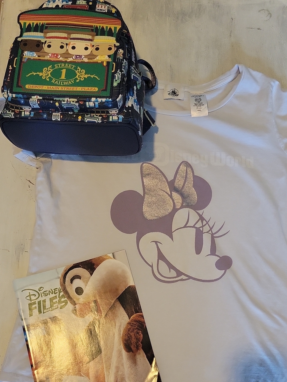 Disney Loungefly Main Street Trolley Backpack + Minnie Mouse Tshirt +   Magazine